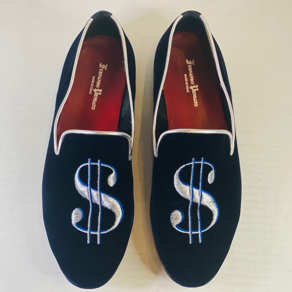 NAVY BLUE VELVET MENS LOAFER W/MONEY SIGN SIZE 10